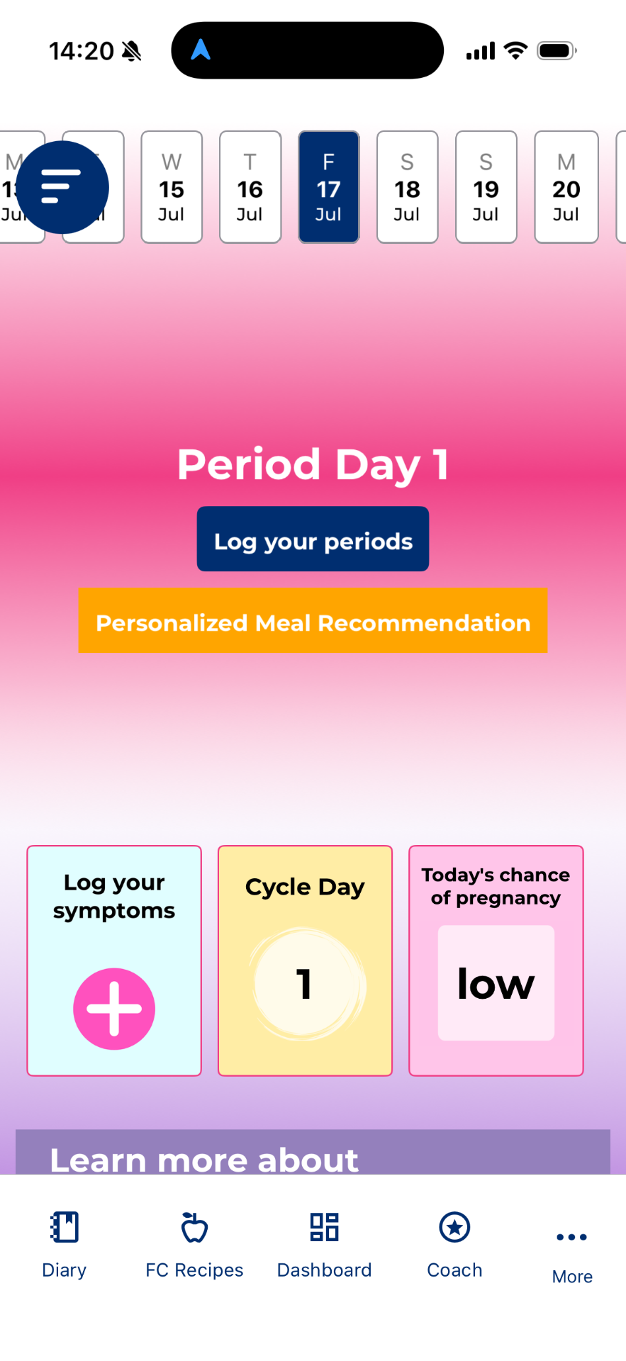Menstrual cycle tracking in The Fitness Chef app