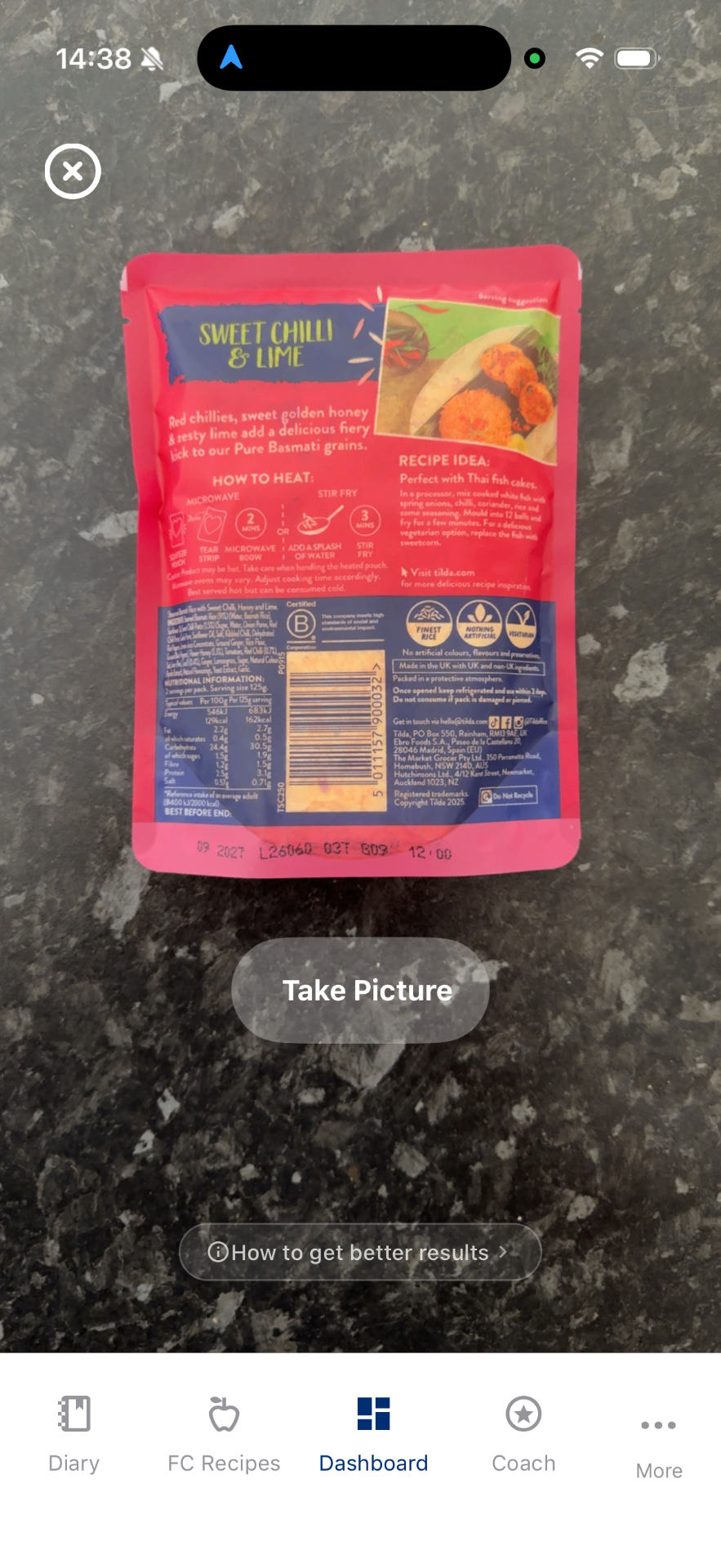 Barcode scanning a food package in The Fitness Chef app