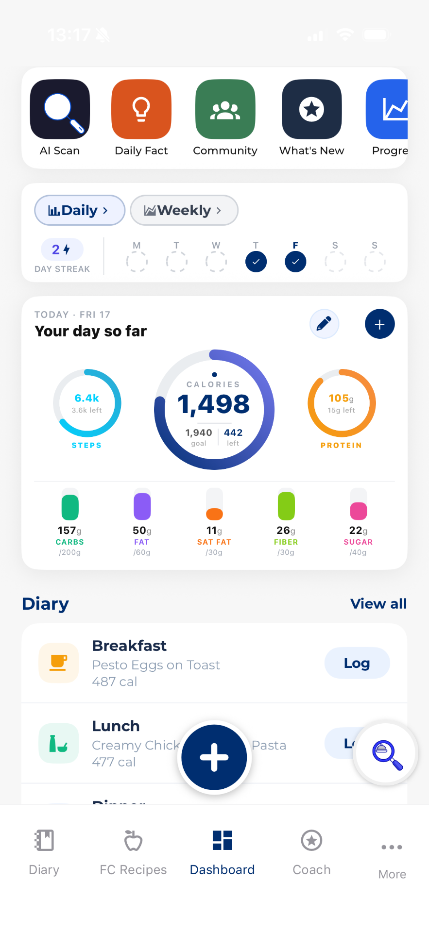 Daily goal tracking dashboard in The Fitness Chef app