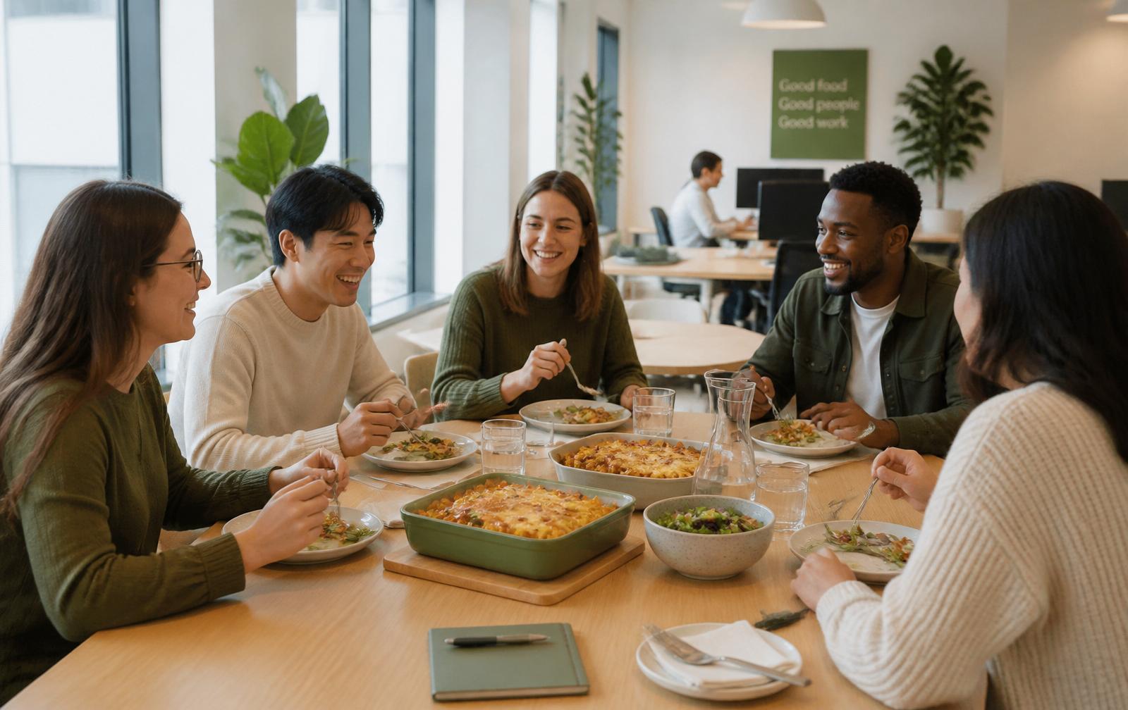 Diverse team enjoying a pasta bake together in a modern workplace