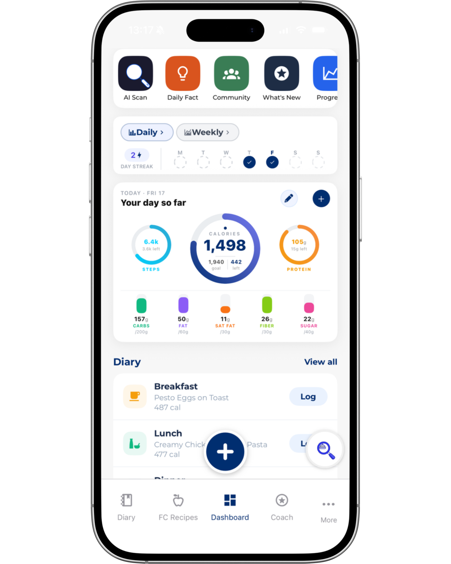 The Fitness Chef mobile app dashboard showing calories, protein and daily habits.