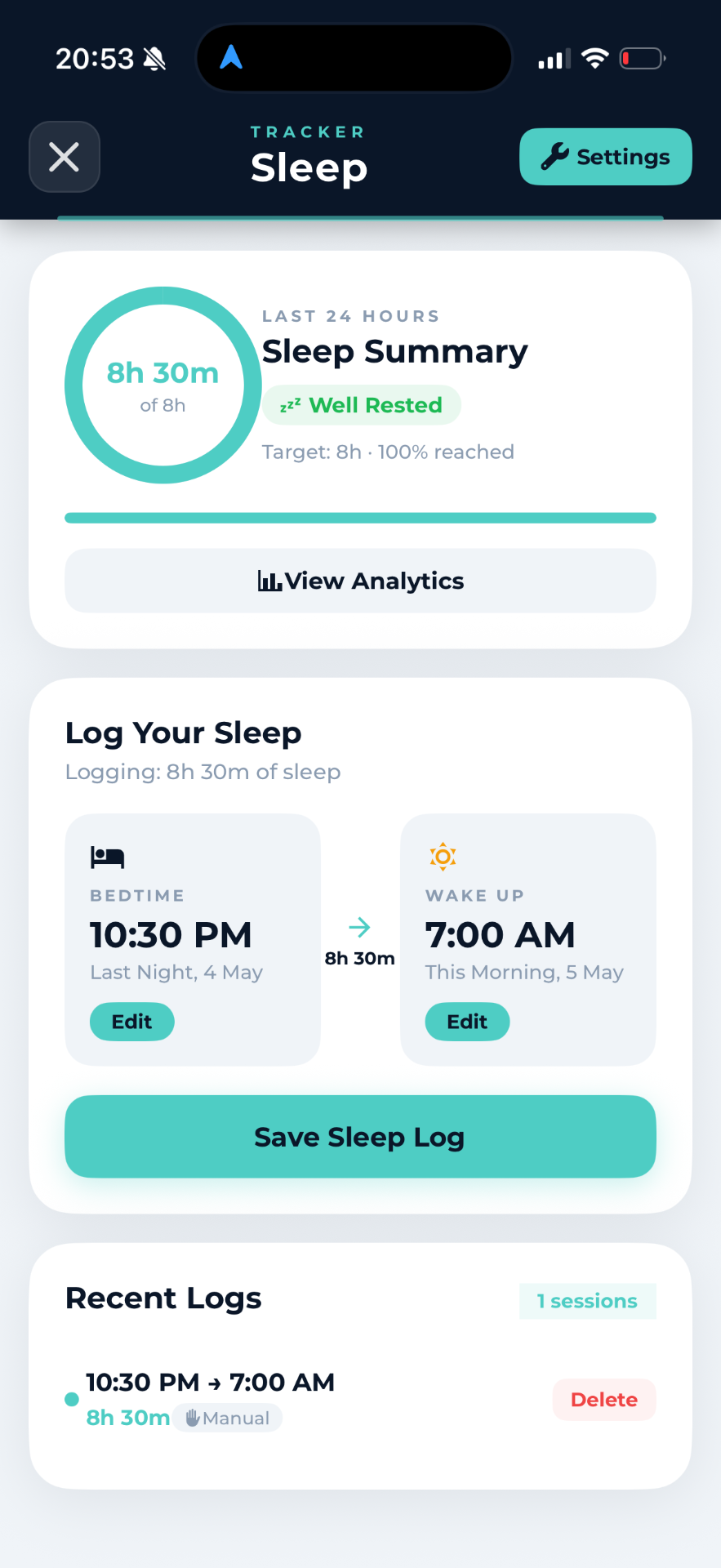 Sleep tracker in The Fitness Chef app
