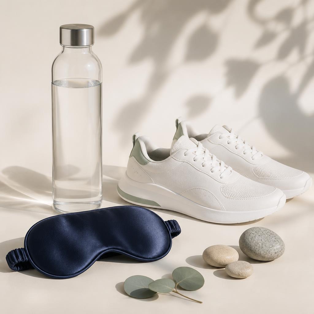 Habit essentials: a glass water bottle, navy silk sleep mask and white trainers in soft morning light.