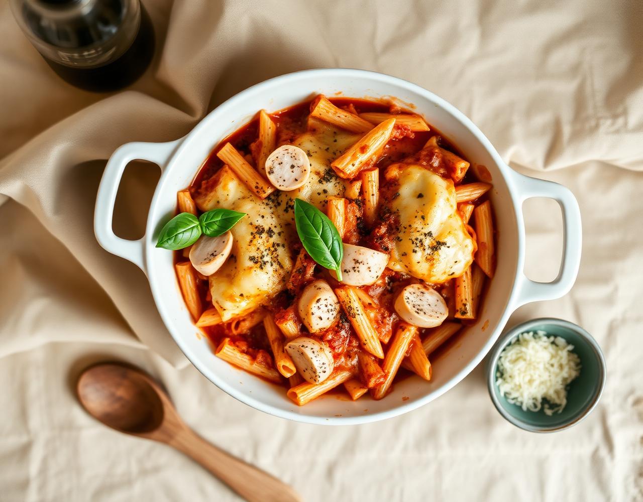Overhead photo of a protein-packed pasta bake with melted cheese and fresh basil.